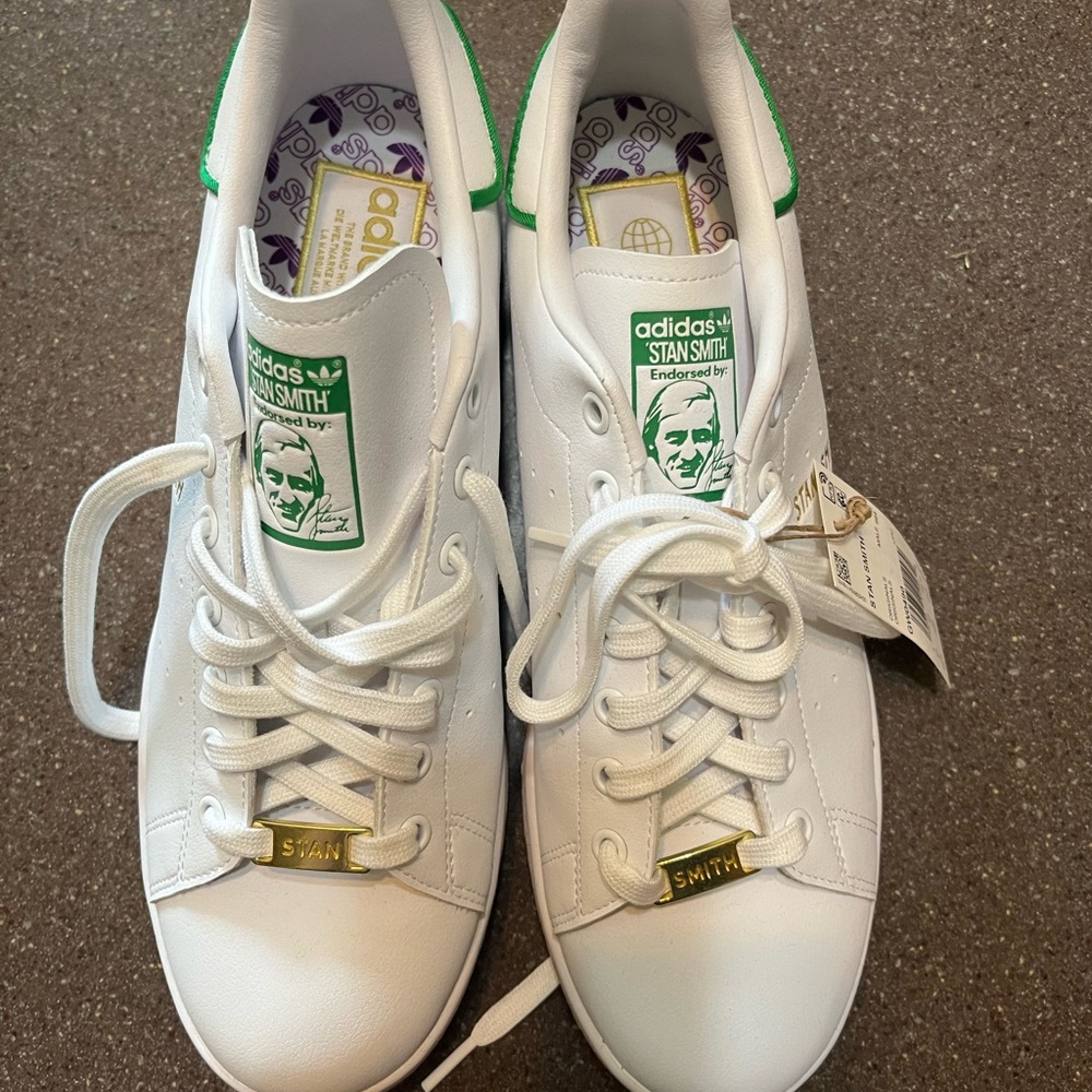 Adidas Stan Smith White and Green Sneakers with Gold Accents